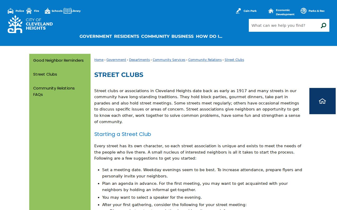 Cleveland Heights neighbors street clubs information